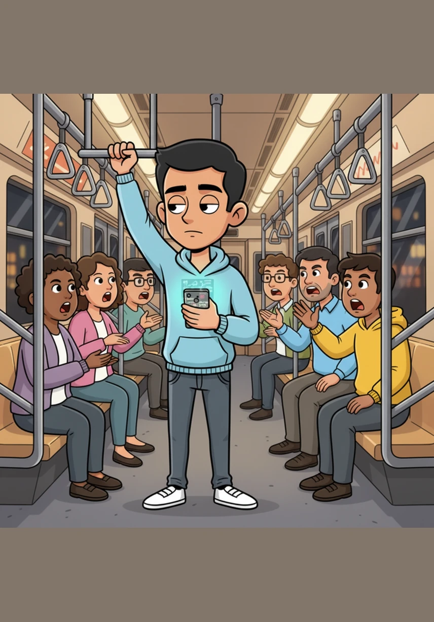 Around him, the train car hums with the heated debates of fellow commuters arguing over the match's fate. Rohan remains silent and contemplative, feeling like he is missing the true story hidden behind the cold, flickering numbers on his screen.