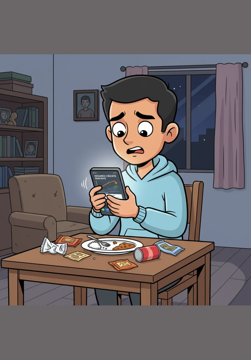 Back in his quiet apartment, a plate of forgotten dinner sits on the table as Rohan watches the required run rate climb higher and higher. The tension in the room is thick, mirrored by the frantic scrolling of the live commentary that seems to provide more noise than clarity.