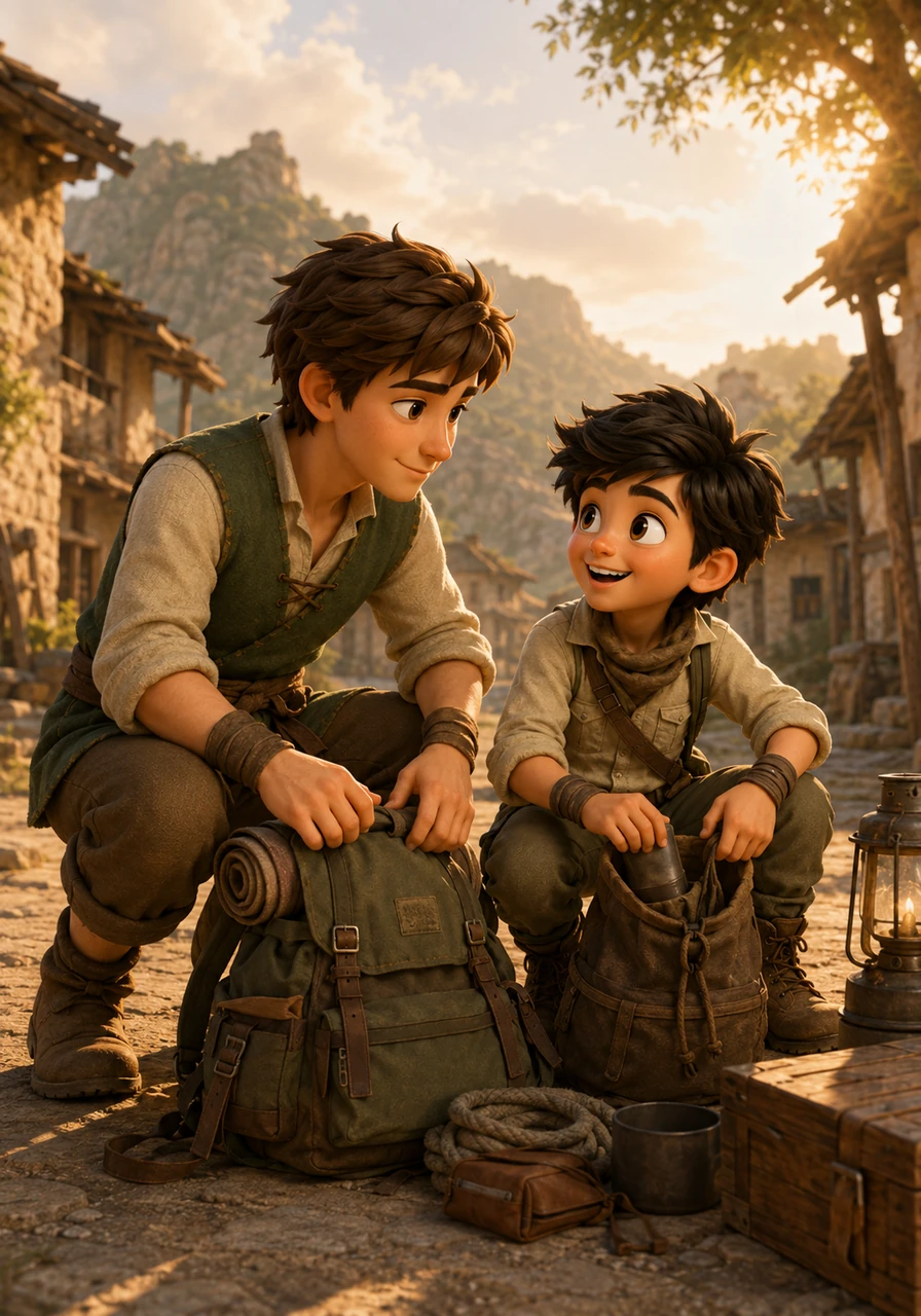 In a sun-drenched village at the edge of the world, Rashid and his spirited younger brother Jasir prepare their gear for a daring expedition. They share a look of excitement and nervous energy, ready to prove their bravery in the mysterious New Jungle.