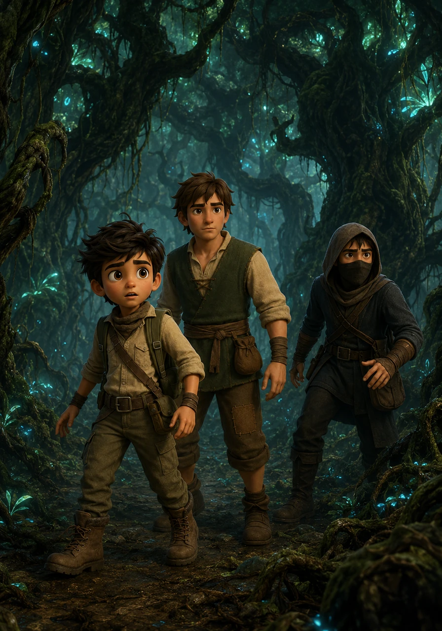 The brothers step into the New Jungle, where the air is thick with the scent of ancient moss and the ground vibrates with strange energy. Towering trees with glowing leaves block out the sun, making every shadow look like a lurking beast.