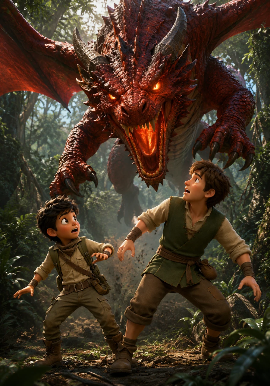 Suddenly, a roar like crashing thunder echoes through the canopy as a massive Red Dragon descends from the heights. Its scales shimmer like molten lava, and its eyes burn with an intensity that strikes fear into the hearts of the two young hunters.