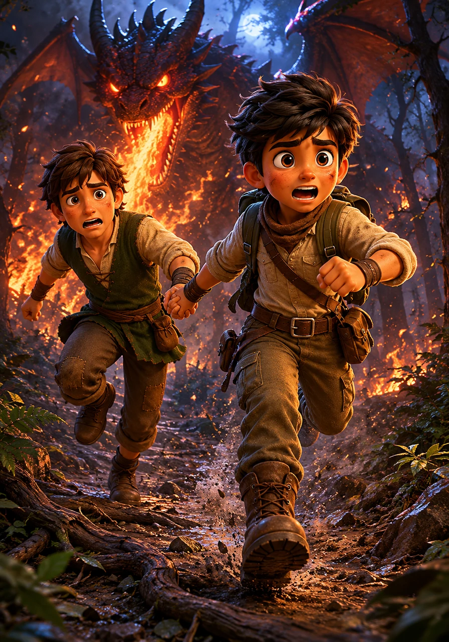 Realizing their weapons are no match for the dragon’s searing flames and iron-hard scales, Rashid grabs Jasir’s hand and shouts for them to run. They dive through thickets and over tangled roots as the dragon's shadow looms large behind them.
