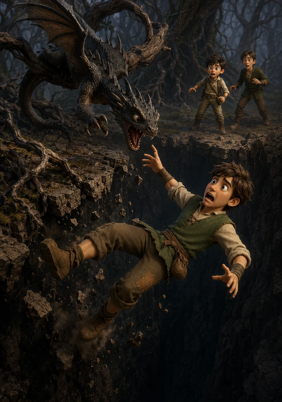 A young, agile dragon leaps from the high branches, its claws snapping at the air as it surprises Rashid in his moment of weakness. As he tries to dodge the creature's strike, the ground gives way beneath him and he plunges into a dark, hidden abyss.