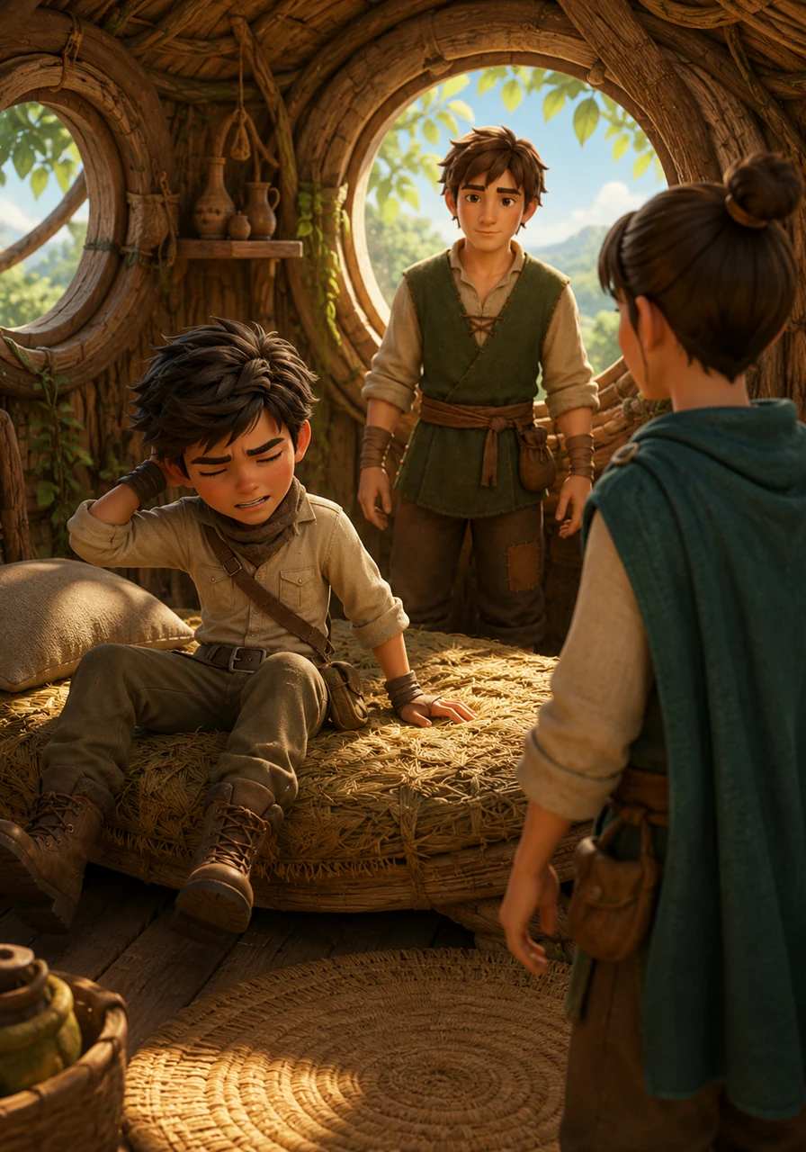 Rashid awakens with a groan, finding himself lying on a soft bed of woven grass inside a cozy, circular room. Sunlight filters through circular windows, revealing that he is high above the ground in a house built into the crown of a gargantuan tree.