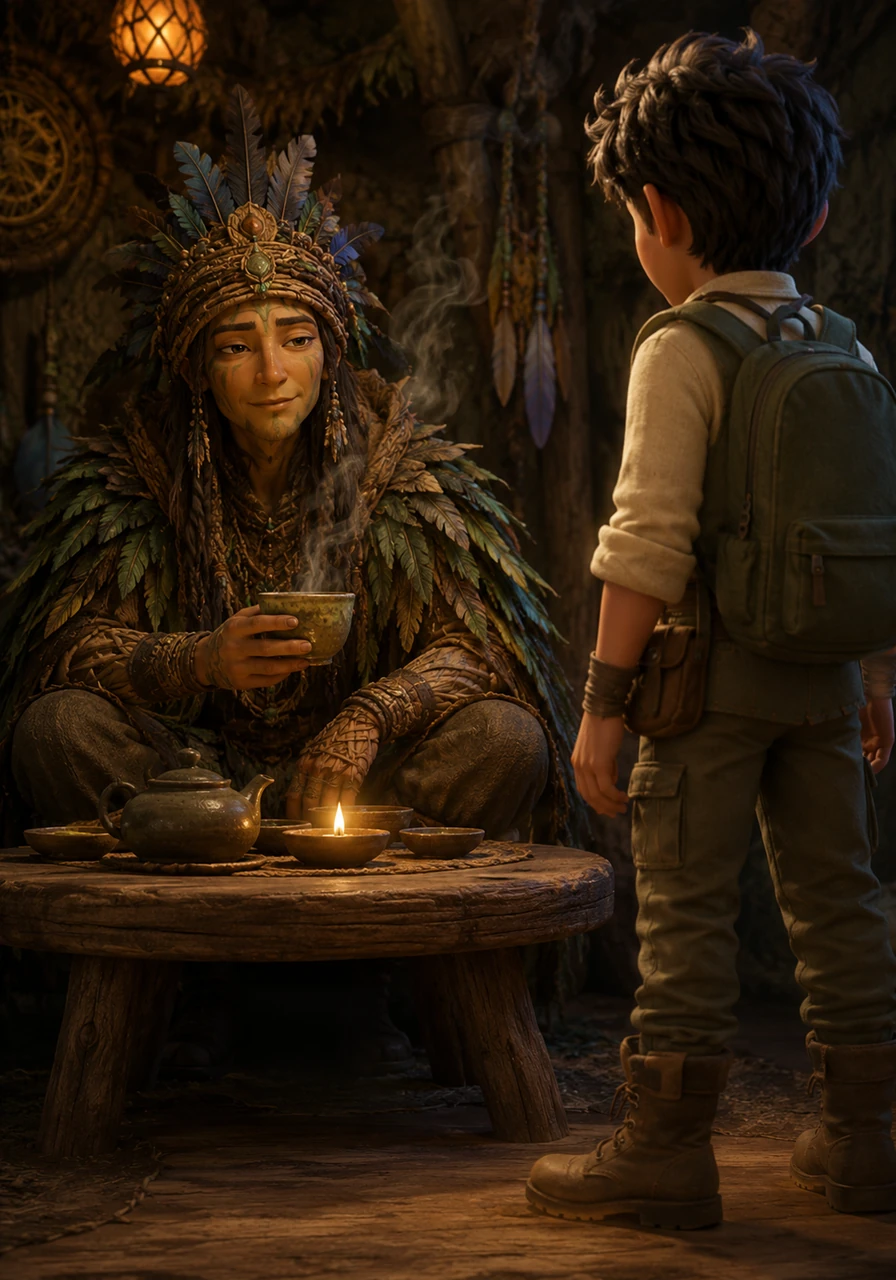 An enigmatic figure sits quietly by a low wooden table, watching Rashid with a calm and knowing expression. The stranger is dressed in garments made of feathers and bark, holding a steaming cup of herbal tea that smells of honey and wild mint.