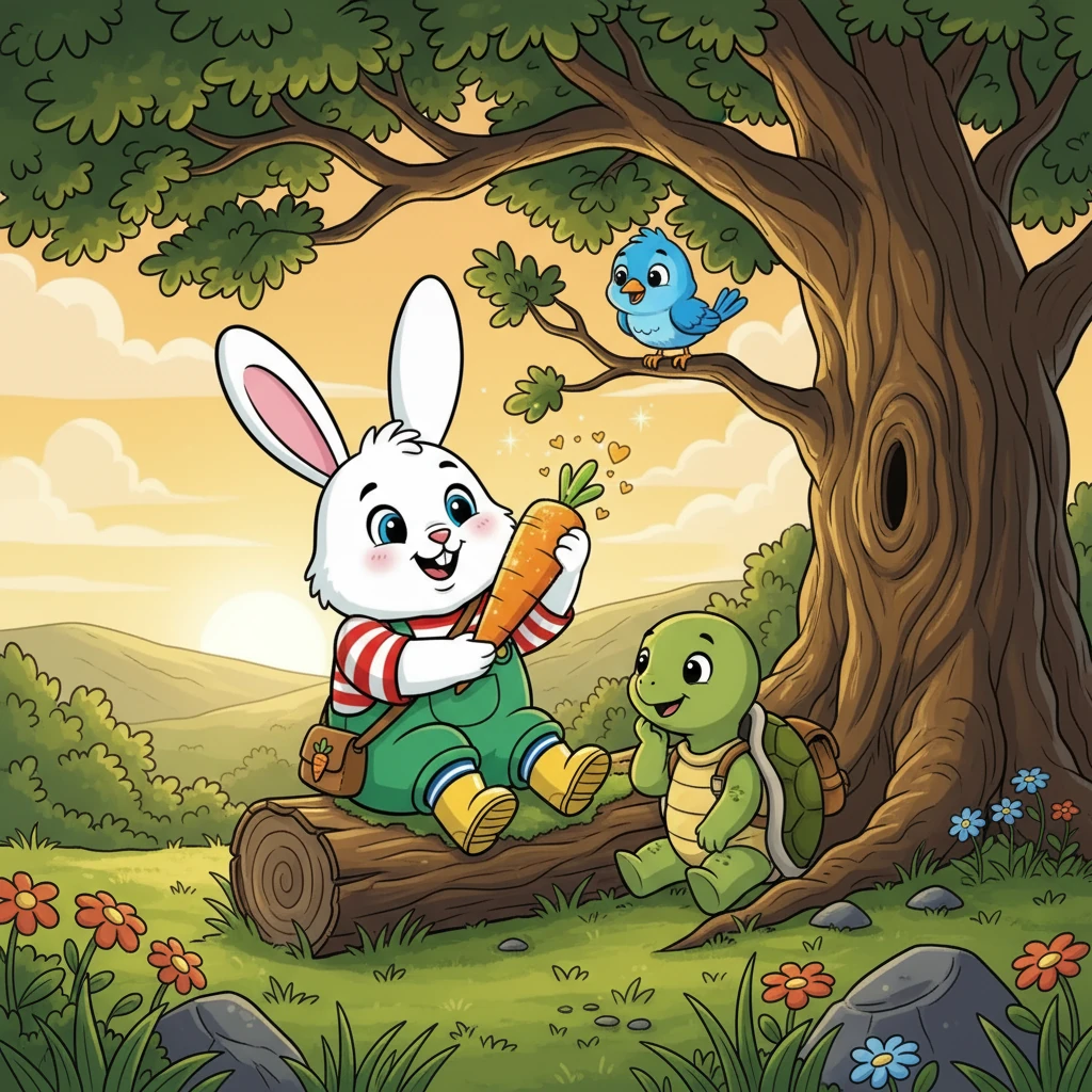 Robbie's best friends were Tilly the turtle and Benny the bluebird, and they often met by the old oak tree. As they sat together, Robbie excitedly shared his discovery, a magical golden carrot. They wondered where it came from.
