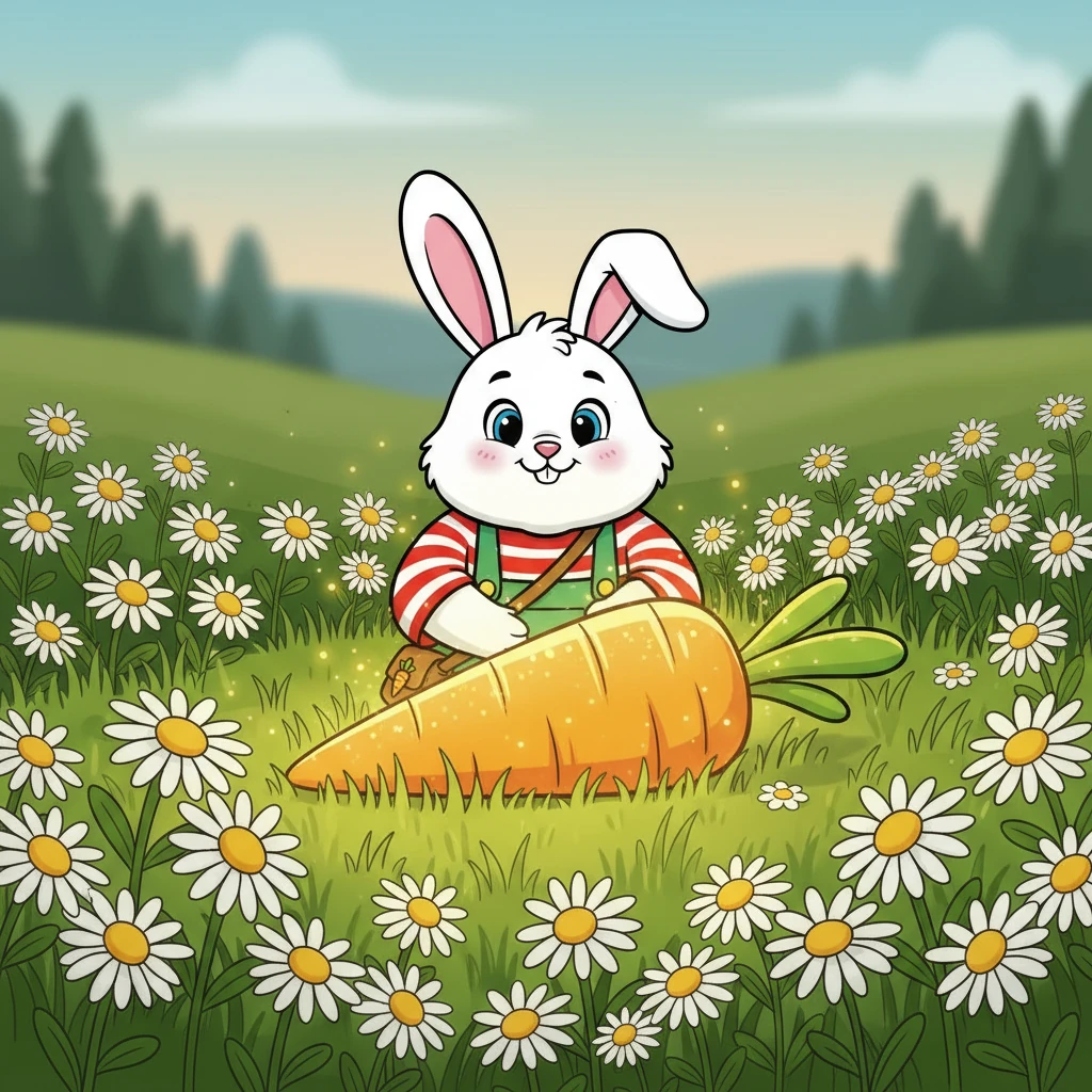Peeking through the daisies, Robbie found the most extraordinary thing: a shimmering golden carrot! Its glow lit up the meadow with a warm, inviting light. He knew it was special, but he wondered who it belonged to.