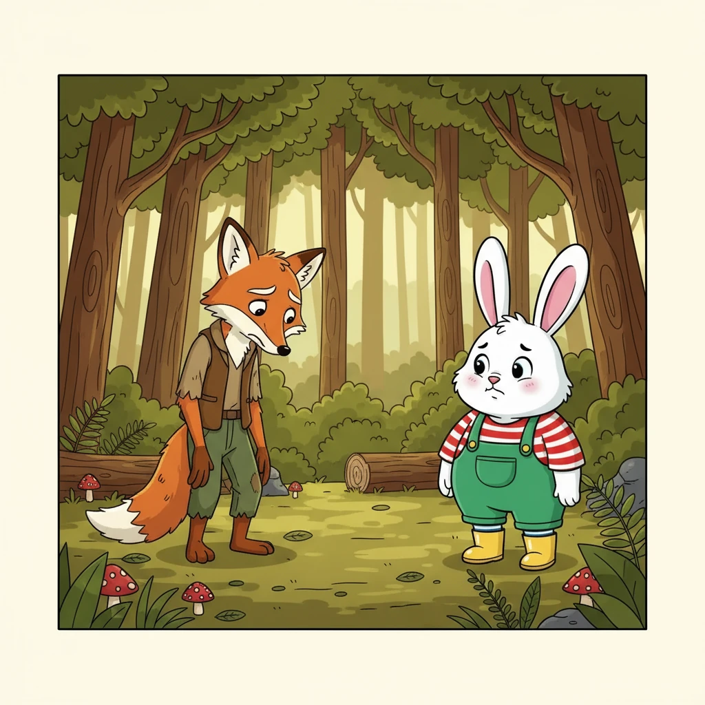 At the edge of the forest, Robbie found Mr. Finn the fox, looking worried. He explained that he had lost something important. Robbie thought about his own adventure and decided to help the fox.