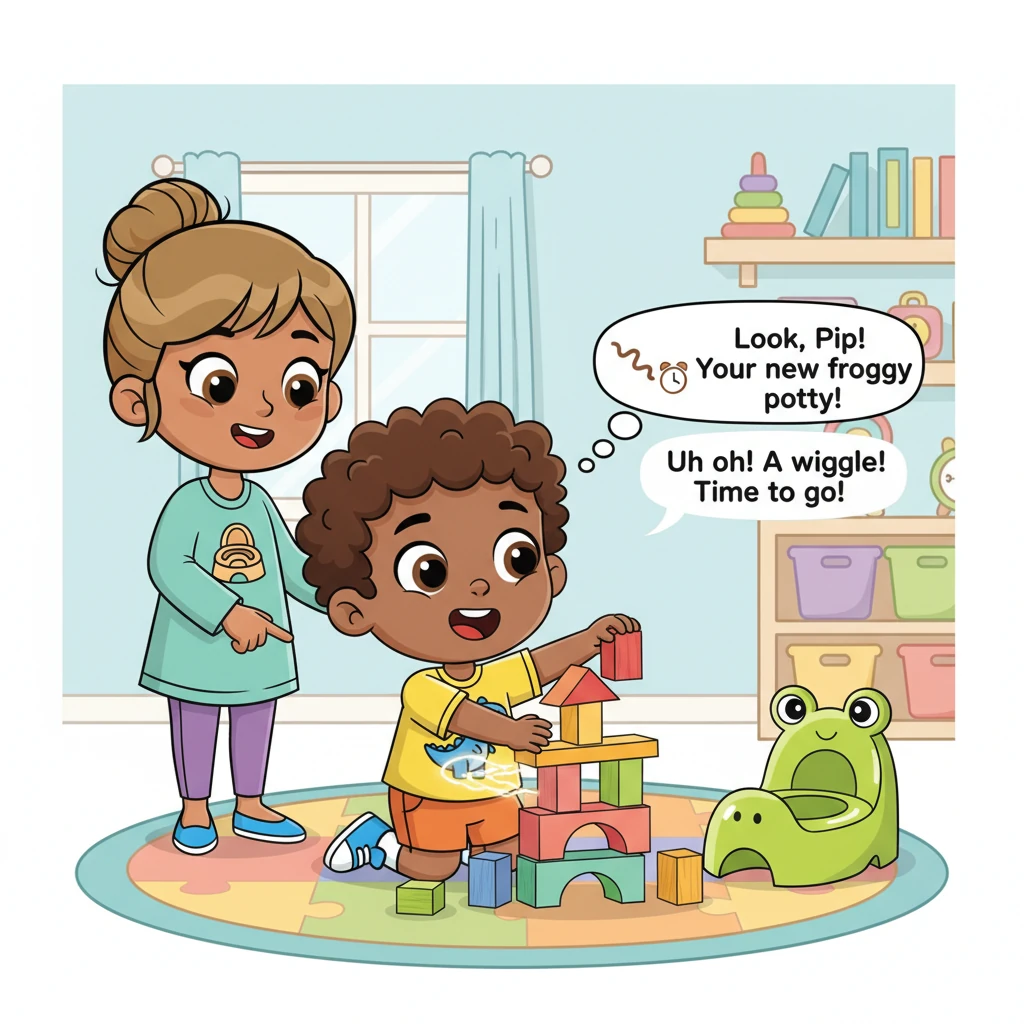 Pip is busy building a tower of colorful blocks, giggling with delight as it wobbles. Suddenly, a little wiggle starts in his tummy, a feeling he know
