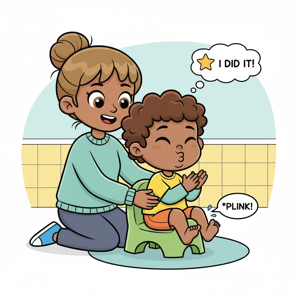With a gentle hug from Mommy, Pip carefully climbs onto the frog potty. He makes a funny concentrating face, scrunching up his nose and puffing out hi
