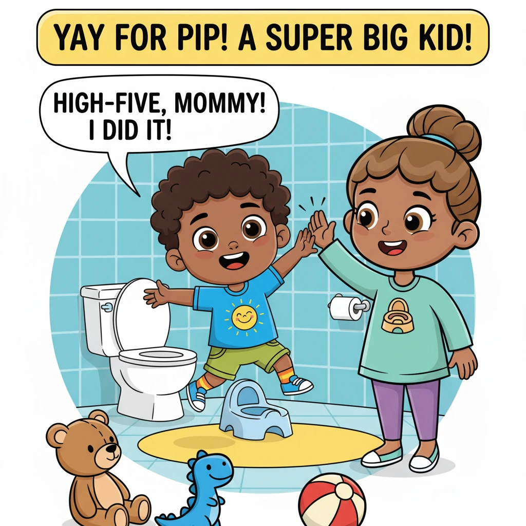 A big cheer erupts as Pip successfully uses the potty all by himself! He jumps down, beaming with joy, and gives Mommy the biggest high-five. Now Pip
