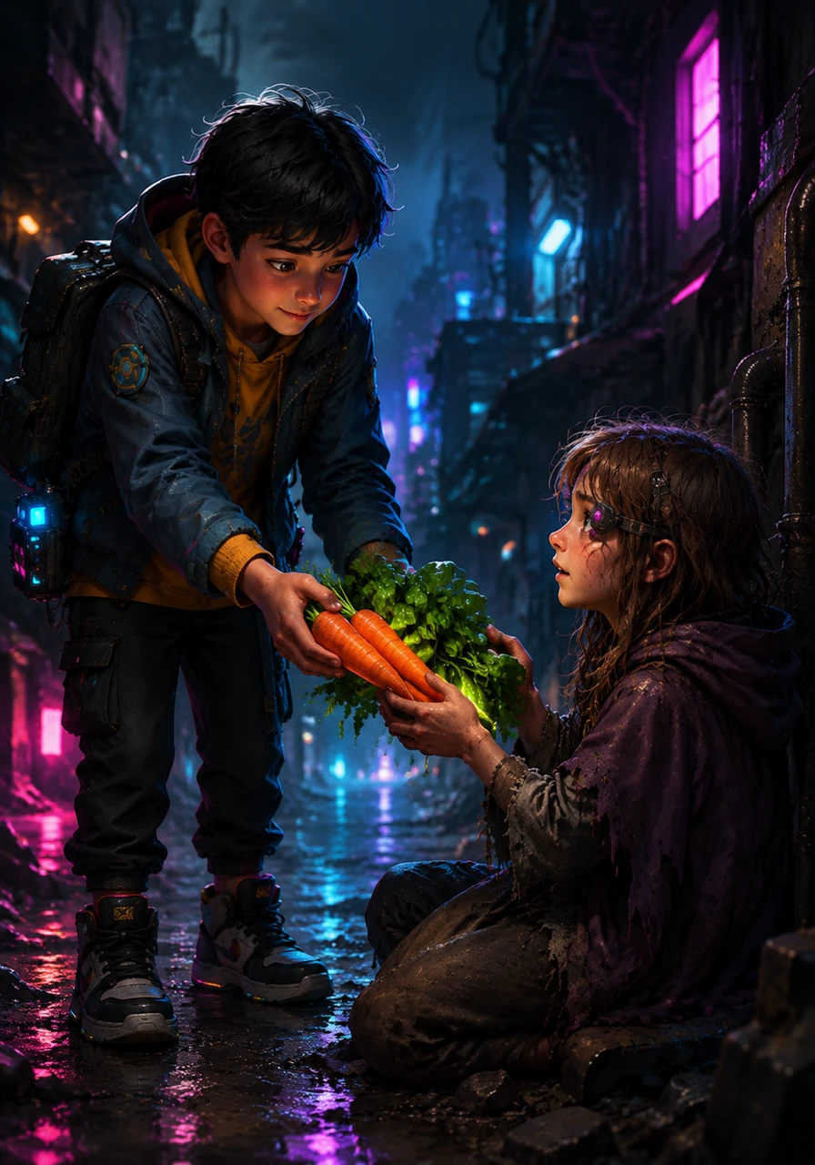 Continuing his journey, Leo meets a young villager named Clara who is stumbling in the dim twilight because she cannot see in the dark. Recognizing the signs of night blindness caused by a deficiency in Vitamin A, Leo reaches into his pack for a handful of sweet carrots and spinach. As Clara eats, her eyes adjust to the shadows, and she thanks him for restoring her sight.