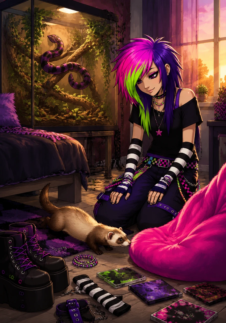 The early dawn light catches the glass of a large reptile tank resting against the wall, where a sleek snake coils around a branch surrounded by dense, faux-ivy vines. Scattered across the floor are chunky platform boots, striped arm warmers, and vintage CD cases from the Y2K era. A fluffy ferret darts out from under the bed, sniffing curiously at a neon pink beanbag chair.