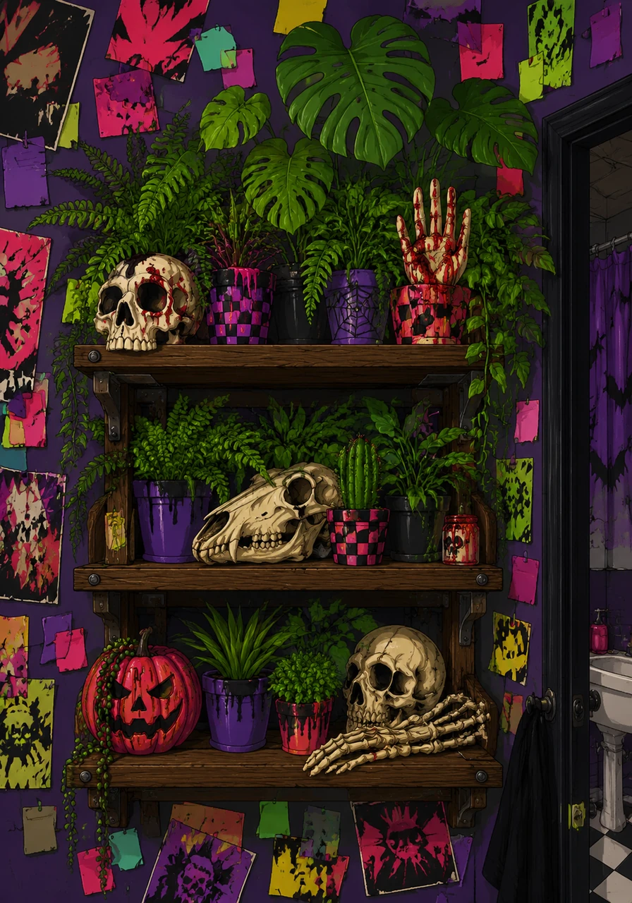 On a sturdy wooden shelf, real potted ferns and monstera plants tangle together with spooky, fake bloody Halloween decorations. Next to a potted cactus sits a macabre collection of polished animal bones and skulls, giving the room a uniquely edgy, alternative vibe. Sticky notes and old concert flyers cover the bedroom wall next to the bathroom door.