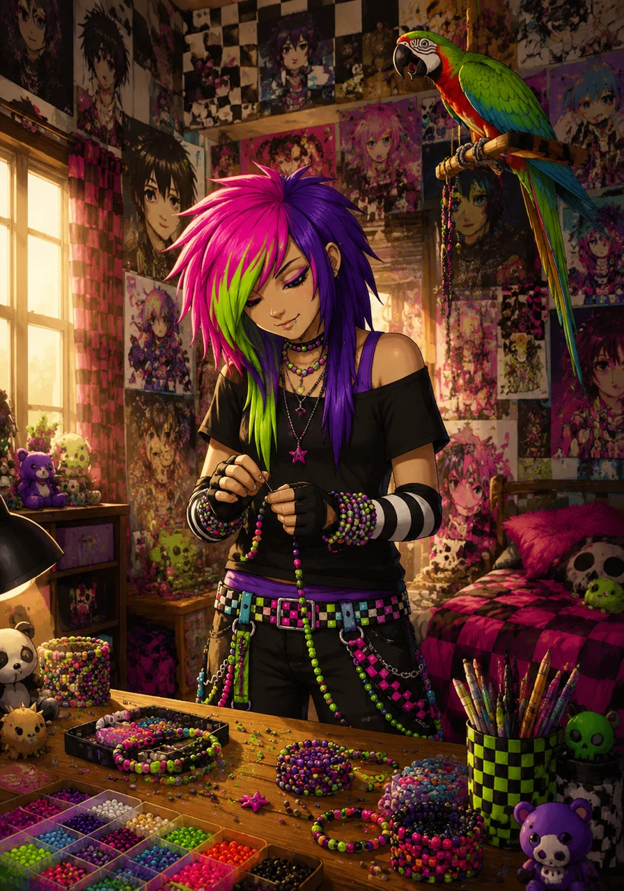 Araxie stands by the messy desk, sorting through bright plastic beads to make Kandi bracelets in the warm morning light. The walls are an absolute collage of anime-style posters, checkerboard patterns, and band merchandise that define the scenecore subculture. The military macaw lets out a soft squawk, watching its owner from the high perch.