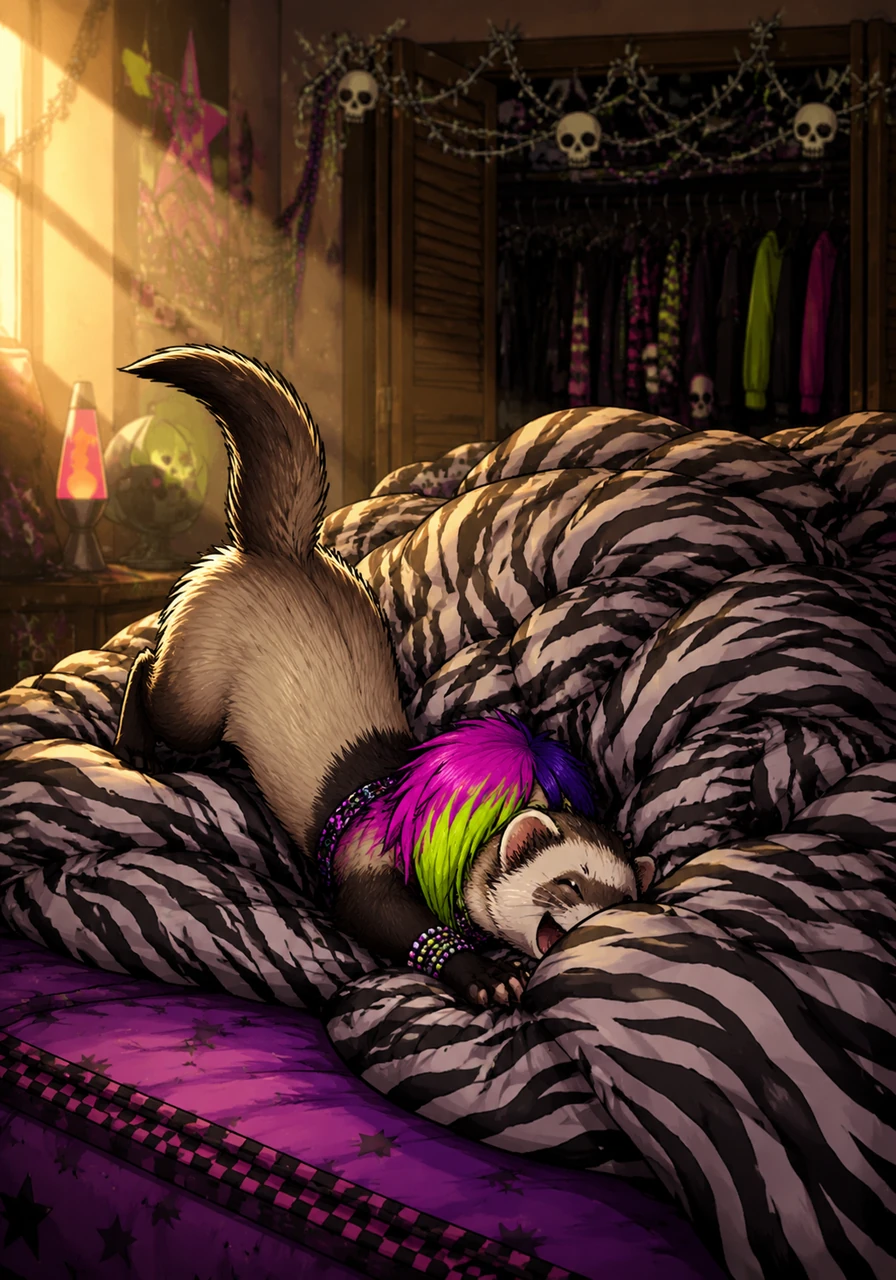 The ferret climbs onto the edge of the XL mattress, playfully burrowing into a mountain of zebra-striped blankets. Golden sunbeams cut through the dusty air, highlighting the organized mess of a creative and rebellious teenager. Strands of fake barbed wire and plastic skulls hang like garlands across the top of the closet frame.