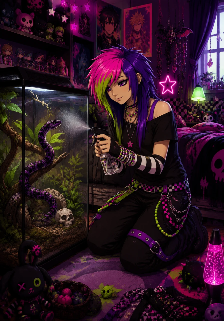 Araxie kneels by the glass terrarium, gently offering a mist of water to the snake inside as it slithers upward. The room feels incredibly cozy yet utterly overflowing with personality, perfectly matching the classic My Hero Academia dorm layout. Every corner tells a story of mixed aesthetics, from hyper-pop neon to dark, gothic trinkets.