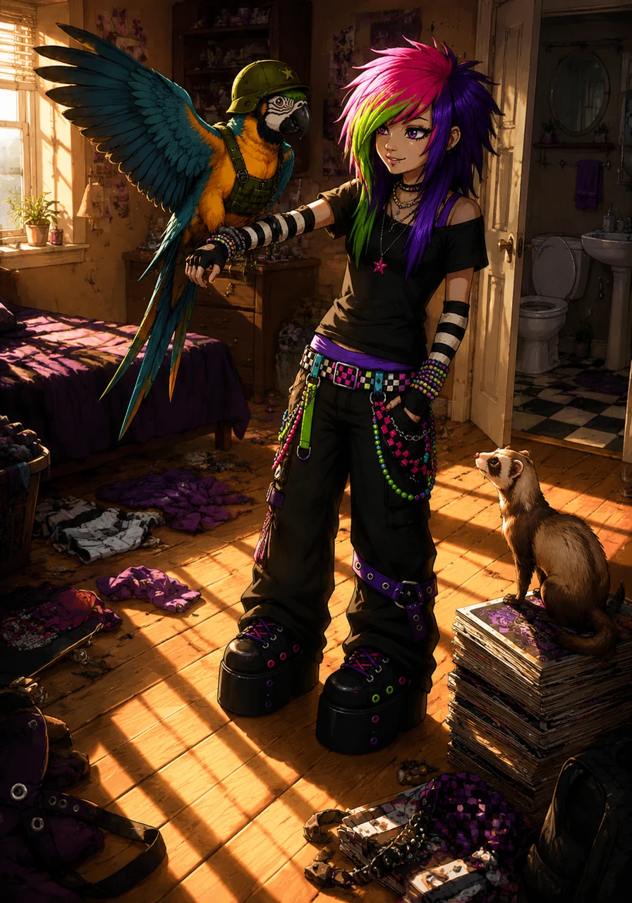 The morning light shifts, casting long, dramatic shadows across the cluttered floorboards and the edge of the attached bathroom. Araxie laughs as the military macaw flies down, landing gracefully on an outstretched, studded-bracelet arm. The ferret watches the bird intently from its safe perch atop a pile of vintage magazines.