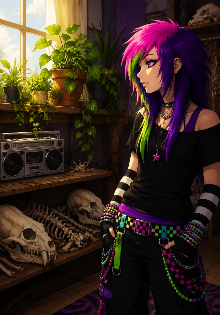 Looking across the room, the contrast between life and decay is beautiful, with thriving green plants sitting right beside bleached animal bones. A boombox on a shelf quietly whirs to life, ready to play a nostalgic mix of early 2000s rock and electronic beats. The entire space glows with the comforting warmth of a new day at U.A. Academy.