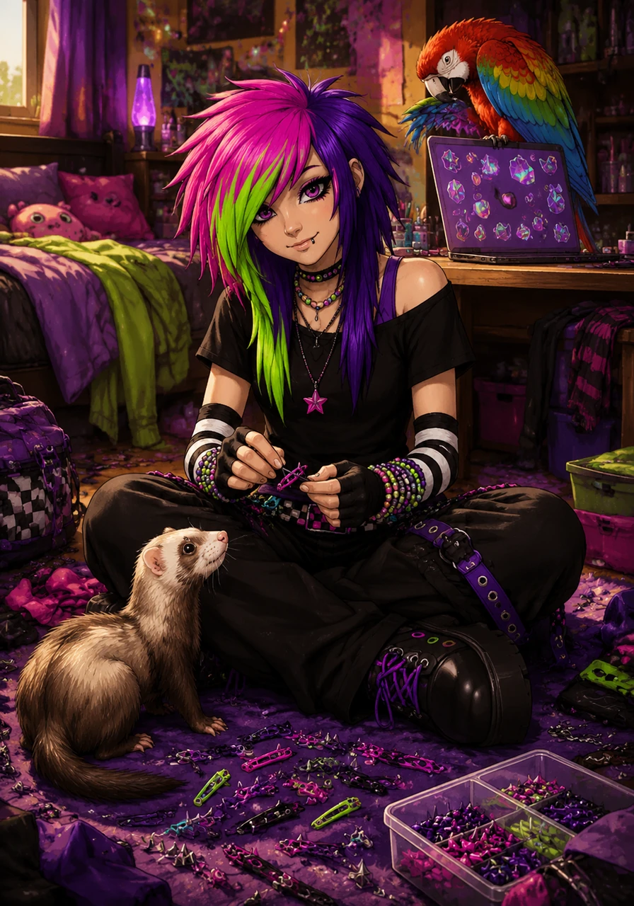 Araxie sits cross-legged on the floor, surrounded by the ferret and a scattering of colorful hair clips and spikes. The macaw preens its feathers on the desk, right next to a laptop covered in holographic stickers. It is a chaotic, messy sanctuary, but it is a place where a future hero feels entirely at home.