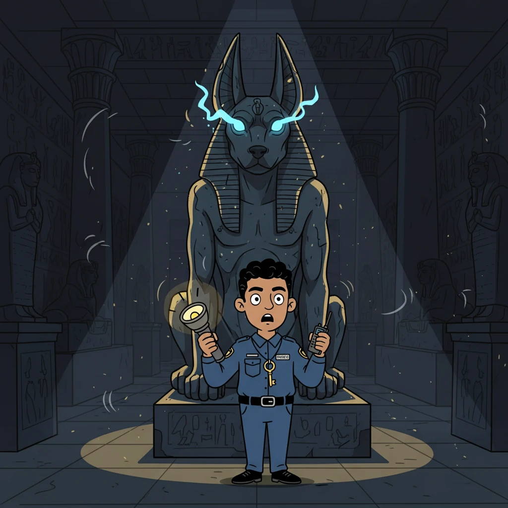 El vigilante investigó, escuchando ruidos de pasos y respiraciones en la oscuridad. Encontró una sala cerrada, con una estatua imponente del dios Anubis. De pronto, la estatua comenzó a emitir una luz.