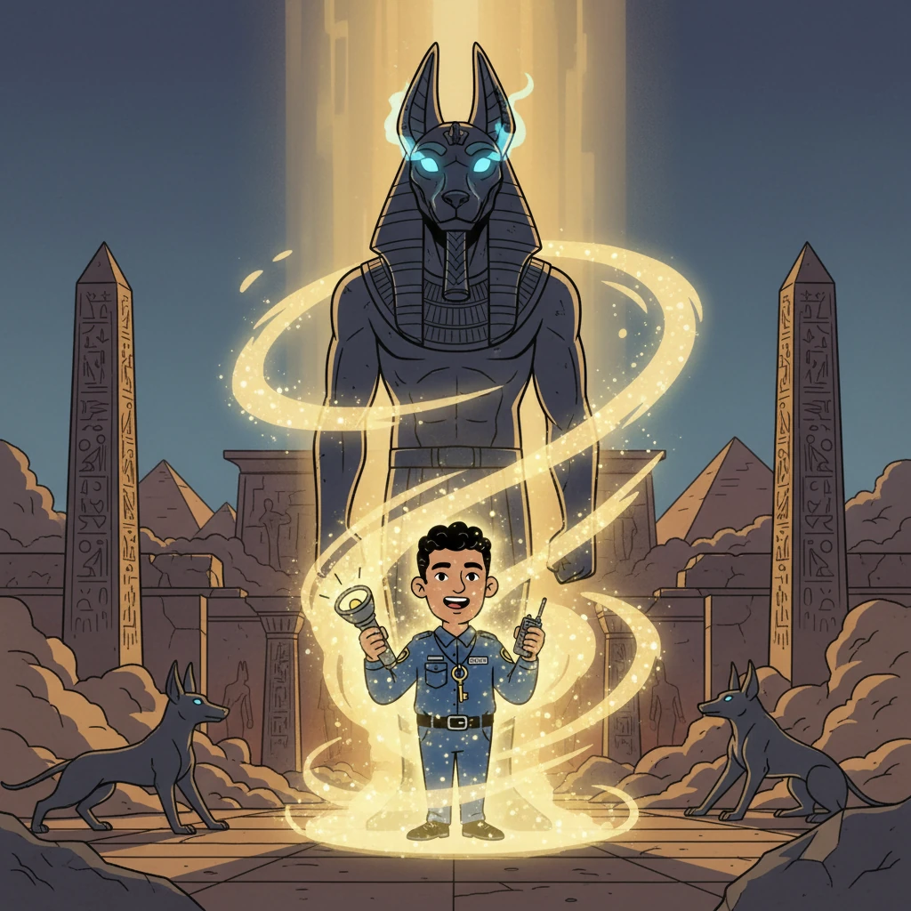 La estatua de Anubis, ahora llena de poder, lo envolvió en una luz dorada y desapareció con él. Juan, transportado a un lugar desconocido, se desvaneció entre las sombras del antiguo Egipto.