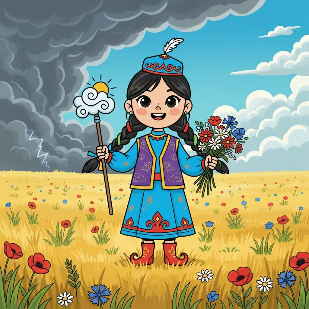 Аружан атты кішкентай қыз жазда далада ойнап жүрді. Күн көзімен ойнап, сары далада гүлдерді жинады. Бір кезде аспан қарауытып, дауыл туындап келе жатты.