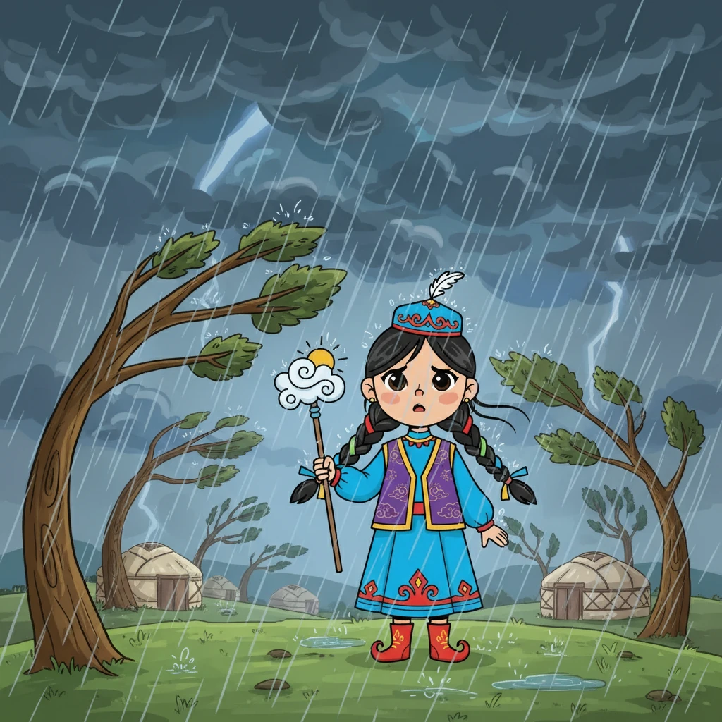 Қатты жел соғып, шатырлар мен бұтақтарды қисайтып жіберді. Аружан қатты қорықты, бірақ оның жүрегінде табиғатты бақылау қызығушылығы оянды. Қараңғы бұлттардан жаңбыр құйды.