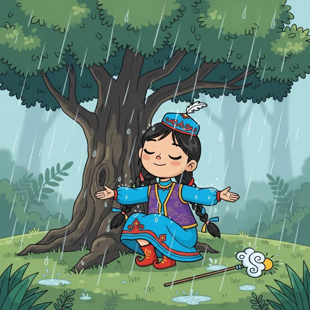 Жаңбырдың тамшылары жерге түсіп, жасыл шөпті суландырды. Аружан ағаштың астына тығылып, тамшылардың дыбысын тыңдады. Ол жаңбырдың ғажайып әнін сезді.