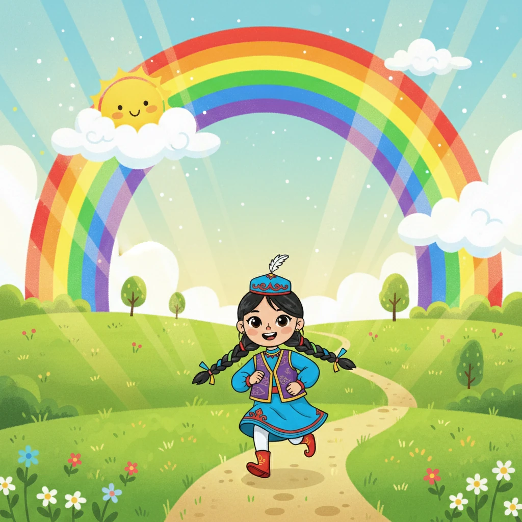 Күн күлімсіреп, бұлттардың арасынан шықты. Кемпірқосақ аспанда жарқырап, барлық жерді түрлі-түсті бояуларға бояды. Аружан кемпірқосақтың астынан өтуге асықты.