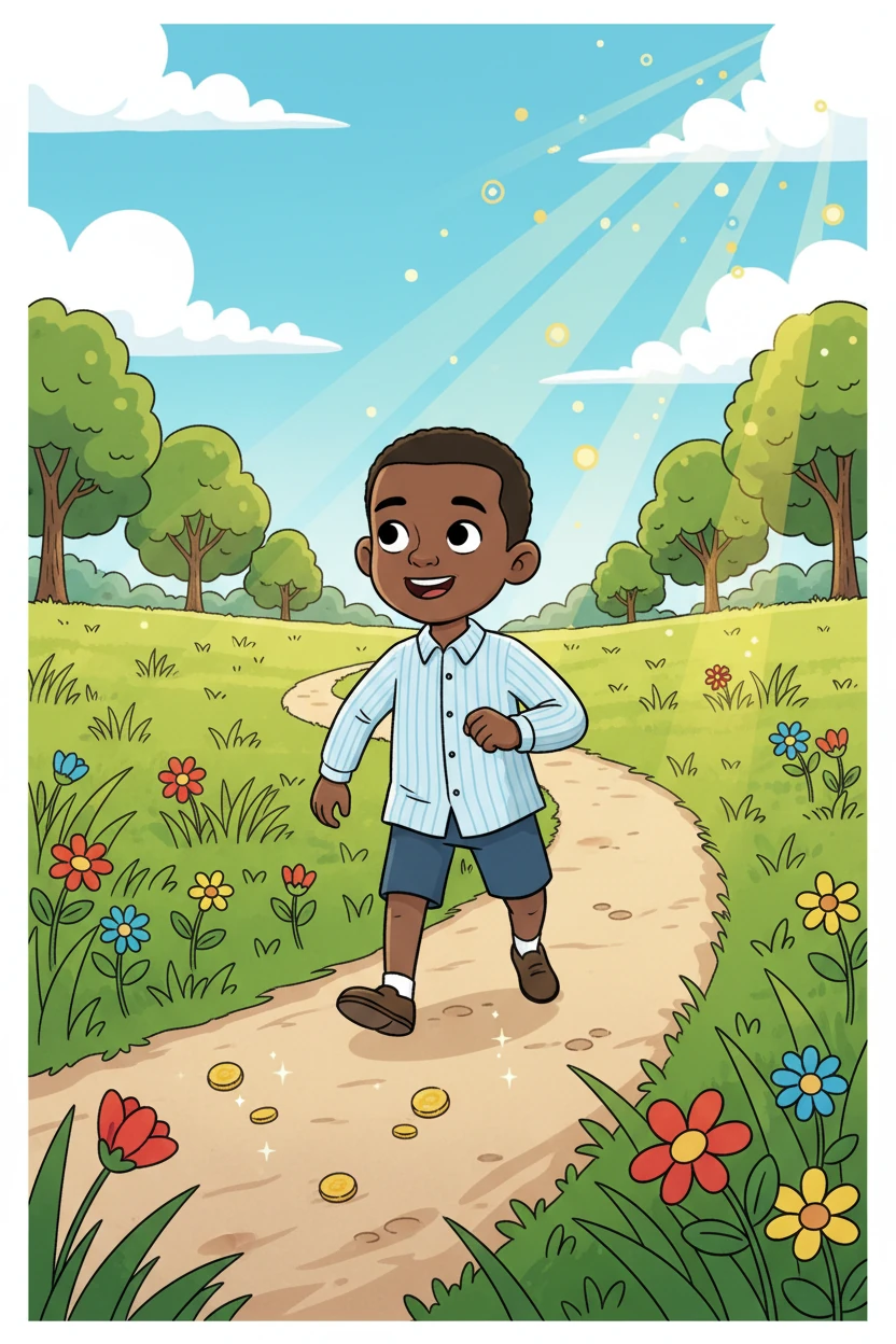 The first clue led Isaiah to a quiet meadow bathed in sunlight. He followed the winding path, his little legs carrying him forward.  He hoped for a gold coin or a shiny jewel.