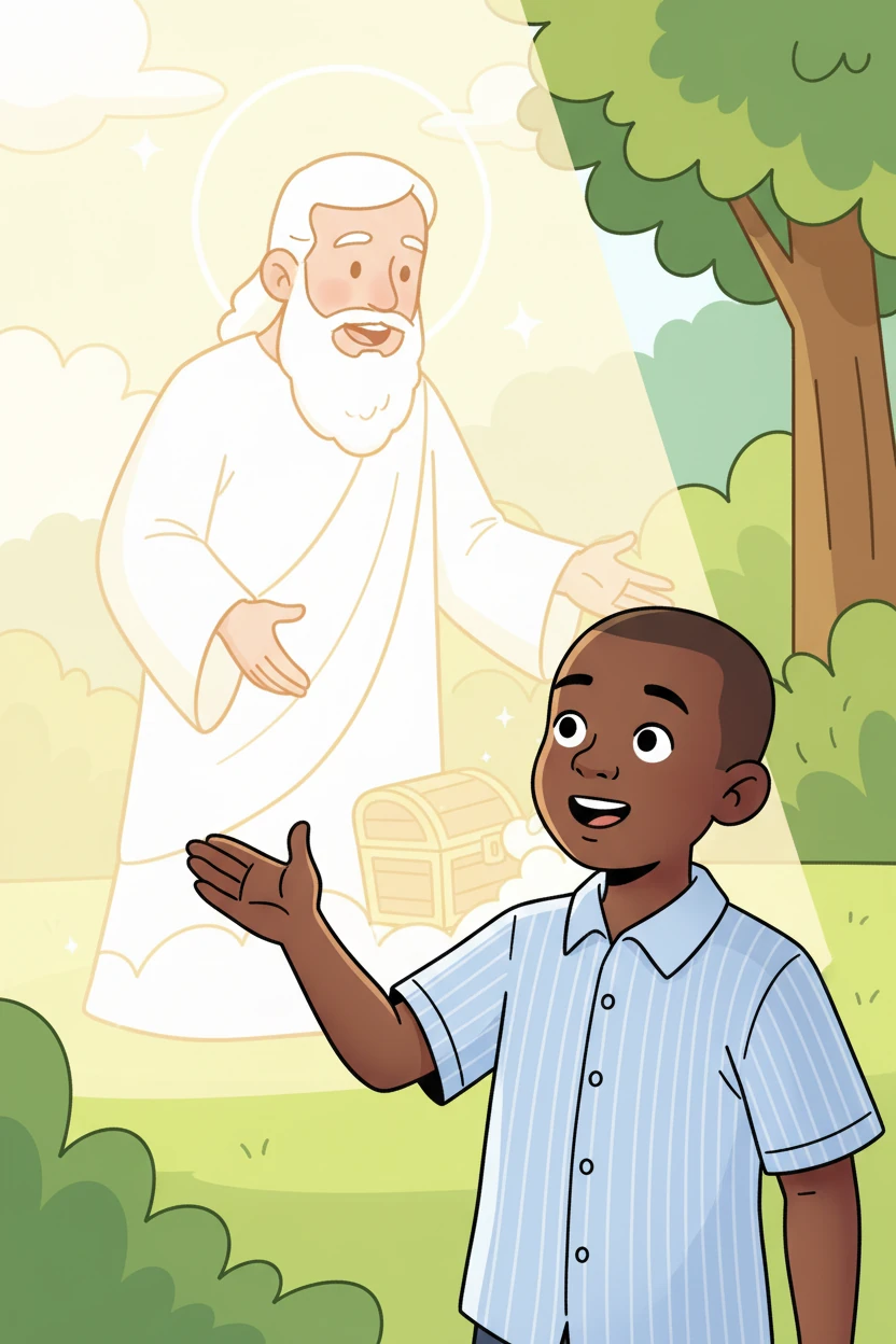 Suddenly, a bright light appeared, and Isaiah found himself face to face with a kind and gentle figure. It was God! God smiled at Isaiah, promising him the greatest treasure of all.