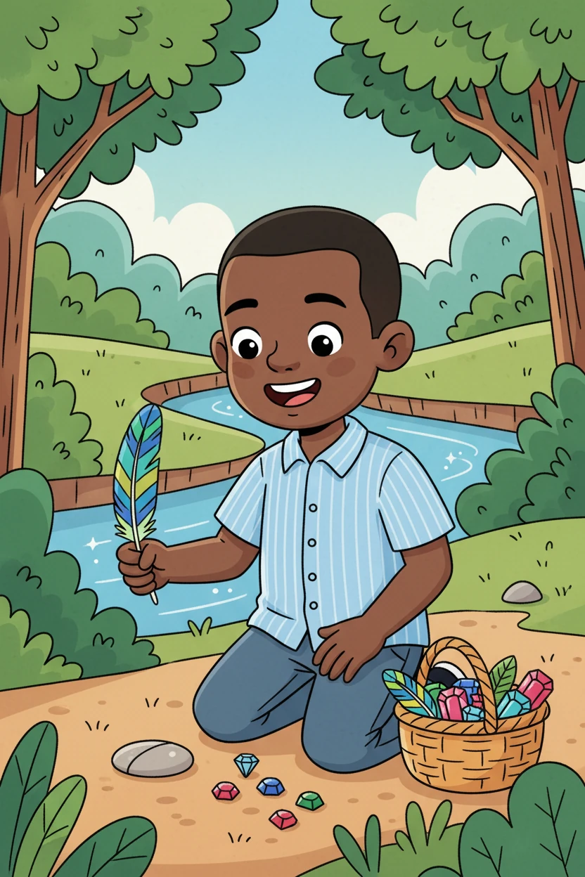 Isaiah, now empowered, began to find small, beautiful treasures everywhere he looked: a colorful feather, a smooth, perfect stone, a tiny, glittering gem. He collected them with glee.