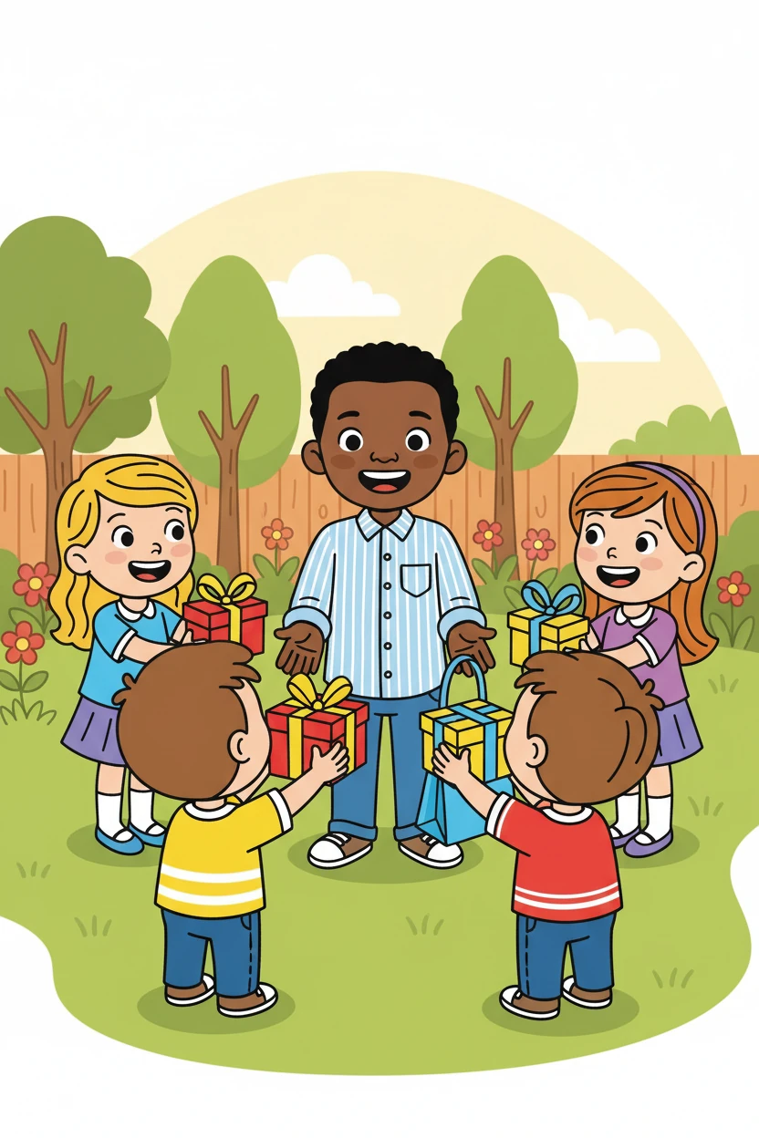 Isaiah gathered his friends, eager to share his newfound treasures. He gave each of them a special gift, his face beaming with happiness as he saw their smiles.