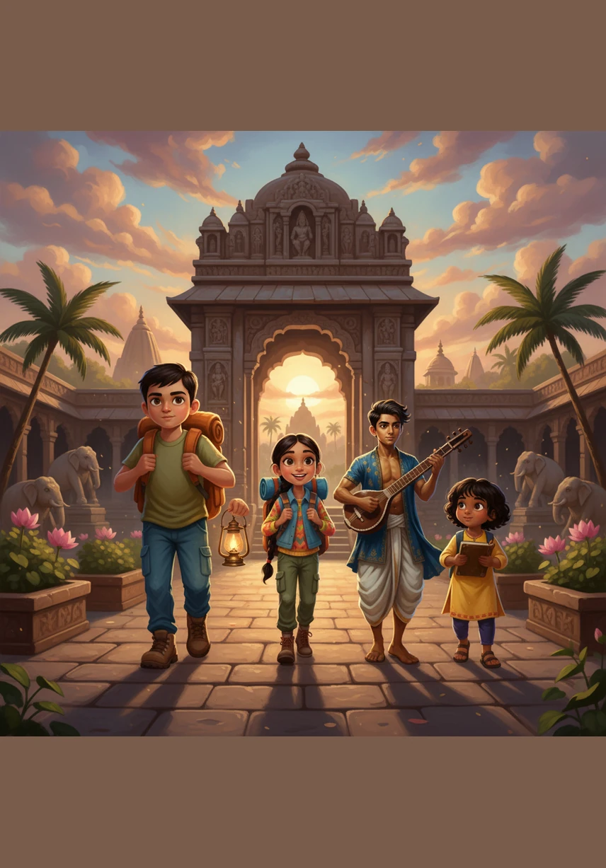 The sun shines through the thick canopy as Aman, Riya, Kabir, and Zara trek deep into the uncharted jungle. Aman leads the way with a tattered map, while Zara points toward a hidden path obscured by giant ferns. "Do you think we'll actually find something cool, or just more mosquitoes?" Kabir asks, wiping sweat from his forehead. Riya grins, "I have a feeling today is the day everything changes, so keep your eyes peeled." They push through thick vines, hearts racing with the thrill of discovery. Illustration: Four diverse children with backpacks walking through a vibrant, sun-dappled tropical jungle with lush greenery and towering trees.