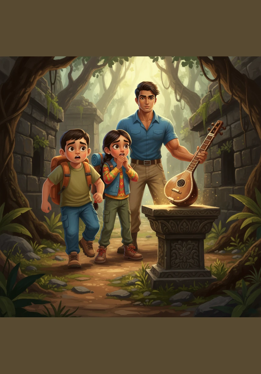 The group stops dead in their tracks as a massive stone archway emerges from the vines, covered in glowing blue symbols. The air around the gate feels unnaturally cold, and the usual jungle sounds have completely vanished. "This isn't on any map I've ever seen," Aman whispers, his eyes wide with wonder. Zara reaches out a trembling hand toward the carvings, "The symbols... they're pulsing like a heartbeat, can you feel it?" Illustration: A towering ancient stone gate engraved with glowing blue runes, framed by dark jungle foliage and mysterious mist.