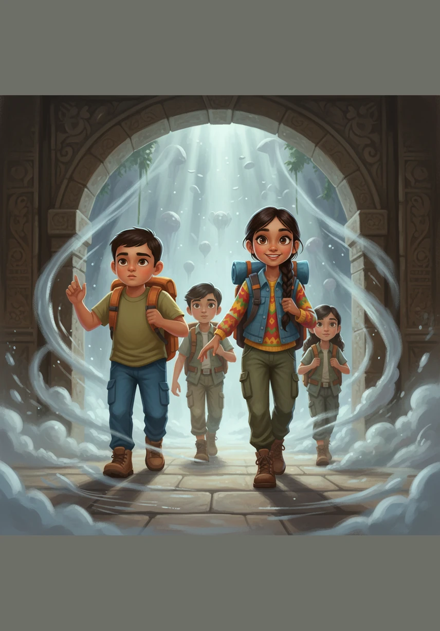 As they step through the archway, a strange shimmering light washes over them and the heat of the jungle instantly disappears. A heavy silence falls, replaced by a low, rhythmic humming coming from the very ground beneath their boots. "Is it just me, or did the air just get a lot thicker?" Kabir asks, his voice shaking slightly. Riya steps forward into the swirling grey mist, "Whatever it is, we're inside now, and there's no turning back." Illustration: The four friends walking through a translucent, magical veil of mist inside the stone gate, looking curious and cautious as the environment shifts.