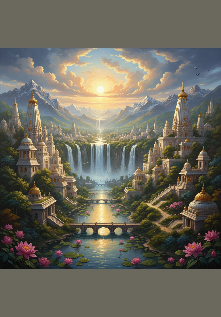 The mist clears to reveal a breathtaking hidden city made of white marble and gleaming gold, nestled inside a massive mountain crater. Waterfalls spill from the tops of empty palaces, and silver-leafed trees line the perfectly silent streets. "It's like a dream come to life," Zara gasps, looking up at the towering spires that reach for the clouds. Aman looks around the deserted, beautiful plaza, "It’s magnificent, but where are all the people who built this?" Illustration: A panoramic view of a majestic, ancient lost city with white towers, golden domes, and lush hanging gardens under a bright, ethereal sky.