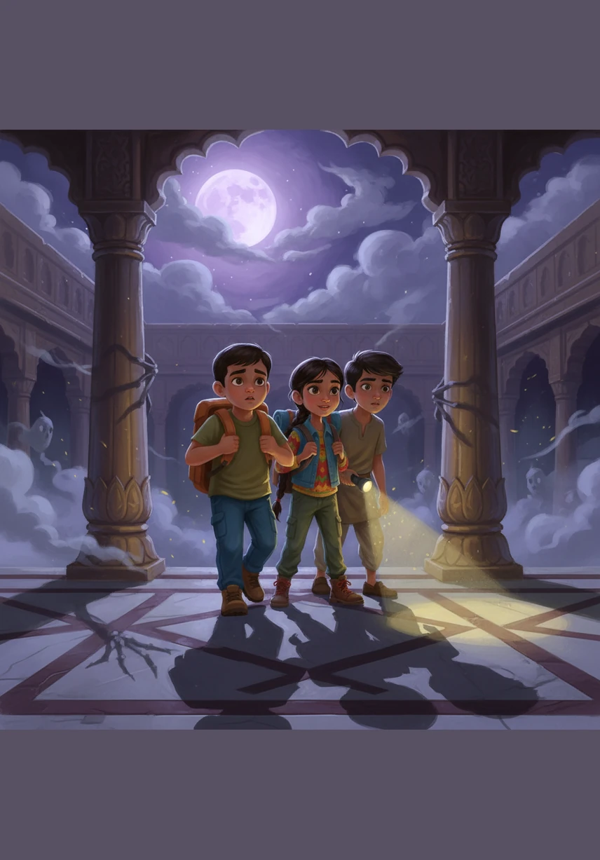 As the sun sets, the golden city turns cold and eerie, with long shadows stretching across the marble floors like reaching fingers. Faint, ghostly whispers begin to echo through the empty hallways, sounding like voices calling the children’s names. "Did you see that shadow move near the pillar?" Kabir whispers, clutching his backpack straps as he huddles close to the others. Riya turns on her flashlight, "Stay close together, everyone; it feels like the city is waking up in a bad way." Illustration: The lost city at night, illuminated by a spooky purple moon, with long, distorted shadows and a thick, misty atmosphere.