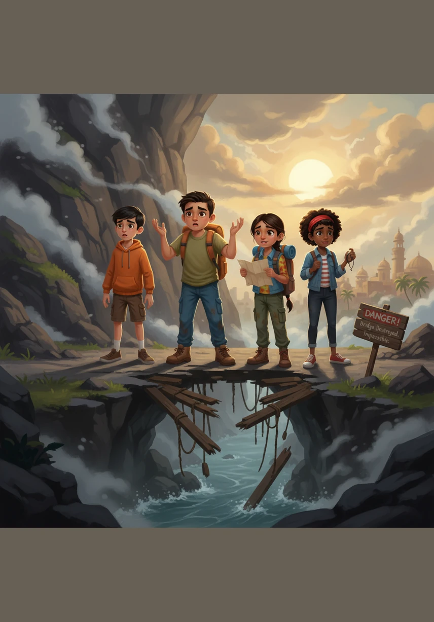 Panicked by the growing whispers, the friends rush back to the entrance, only to find a solid wall of rock where the gate used to be. They are trapped inside the silent city, and the purple shadows seem to be closing in from every corner. "The gate is gone! It’s completely vanished into the mountain!" Aman cries, pounding his fists against the cold, unyielding stone. Zara looks back at the dark, narrow streets, "We have to find another way out before the city decides to keep us here forever." Illustration: The four kids standing in front of a smooth, solid stone wall where the archway was, looking terrified and desperate under the moonlight.