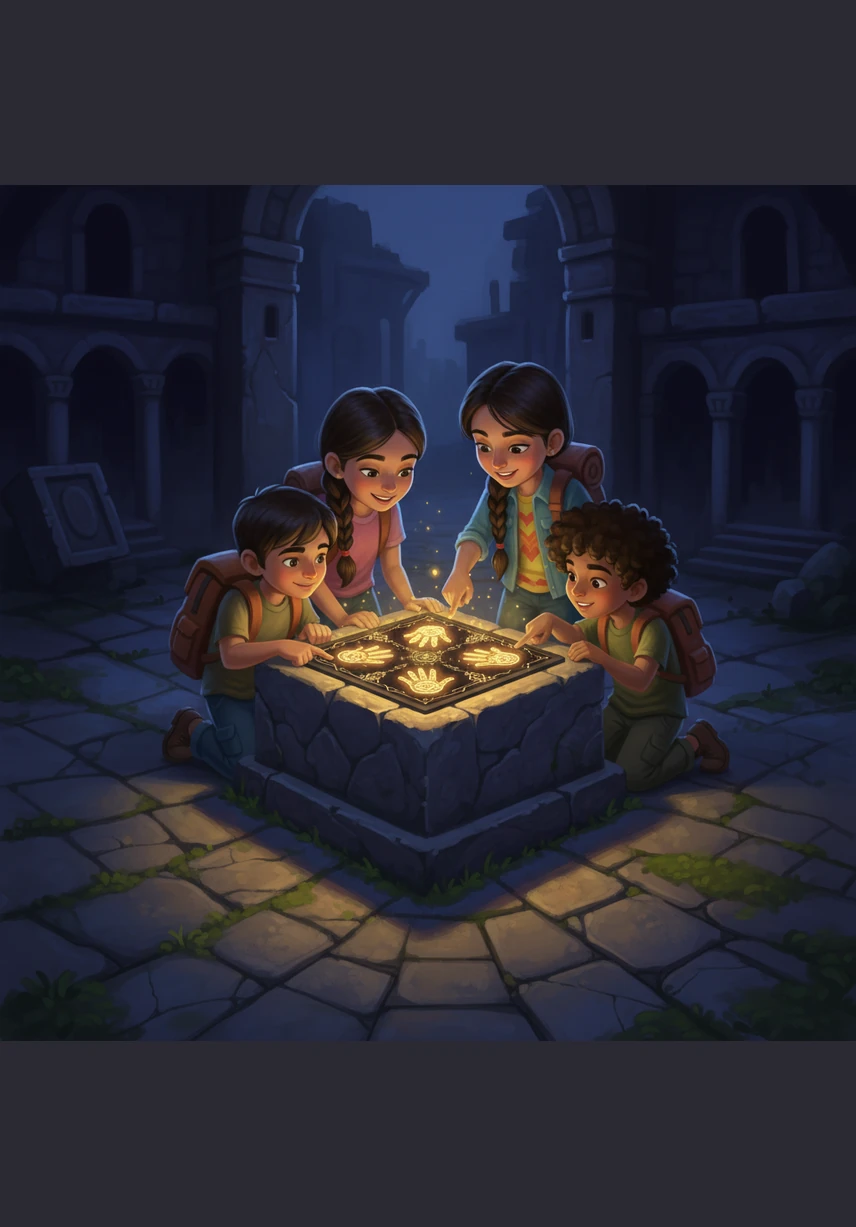 In the center of a dark plaza, they find a stone pedestal holding a glowing tablet covered in shifting, crystalline symbols. The light from the tablet is the only thing pushing back the encroaching shadows, creating a small circle of safety. "This tablet... it's a puzzle, and it's the only thing still glowing," Riya says, noticing how the symbols react to their presence. Kabir points to four hand-shaped indentations on the surface, "Look, it wants us to touch it at the same time!" Illustration: A close-up of the four kids gathered around a glowing stone pedestal in the dark plaza, their faces lit by a warm, golden light from the tablet.