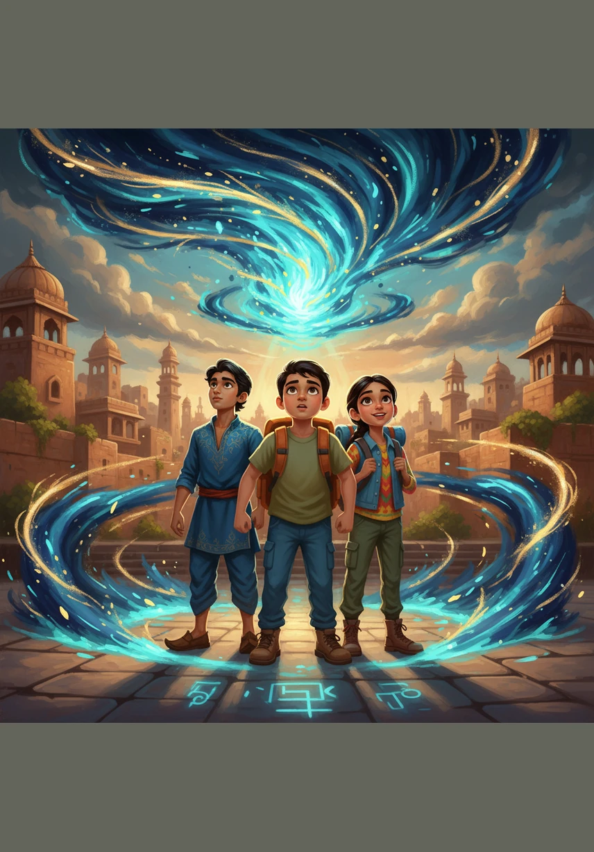 Suddenly, a deep, magical voice echoes from the city walls, vibrating through the ground and into their very bones. "To leave the city of echoes, you must find the one word that binds your souls together," the voice booms across the plaza. "What does it want from us? A password? A spell?" Zara asks, looking at the swirling magical energy in the air. Aman looks at his friends and realizes the symbols are glowing brighter as they stand together, "It's not a secret word, it's the truth about us!" Illustration: A swirling vortex of magical light and blue energy surrounding the kids in the plaza as they look up at the sky in awe.