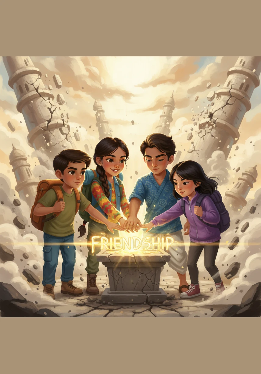 The four friends place their hands on the tablet together, focusing on their long journey and their promise to always protect one another. The word 'FRIENDSHIP' erupts in a blinding flash of golden light, and the ground shakes violently as the city begins to crumble. "The gate! It's reappearing! Run for your lives!" Aman shouts as the marble towers begin to crack and fall around them. Illustration: The kids touching the glowing tablet together as the word FRIENDSHIP glows brilliantly and the city buildings in the background begin to collapse into dust.