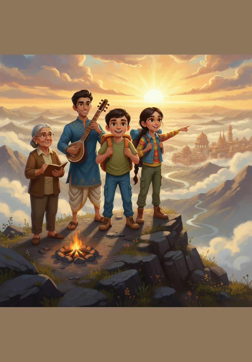 They dive through the glowing archway just as the city disappears into a cloud of sparkling dust and eternal silence. They find themselves back in the warm, sunny jungle, the stone wall behind them now just ordinary rock covered in thick moss. "We actually made it out," Kabir sighs, collapsing onto the grass and breathing in the fresh air. Riya looks at her palm, noticing a tiny, fading golden symbol that slowly vanishes, a final secret of the city that was never there. Illustration: The four friends lying in the sun-lit jungle, exhausted but smiling at each other, with the ancient gate now just a plain, mossy rock wall behind them.