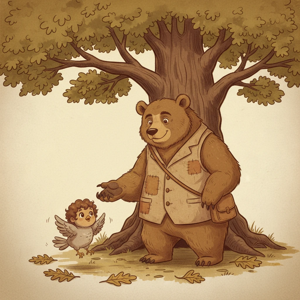 Chotu, a tiny bird with feathers the color of morning mist, fluttered down, lost and alone, beneath the grand oak tree. A gentle rumble stirred the leaves, and Thadi, a bear with fur like an old rug, slowly emerged from the shade. With a soft gaze, Thadi offered a comforting paw, inviting the little bird closer. It was the quiet beginning of an extraordinary friendship.