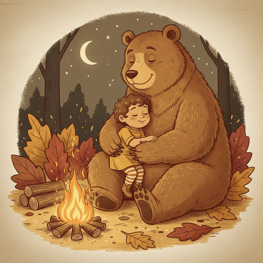 One year had passed, and autumn's golden touch brought crisp air and rustling leaves. Chotu snuggled into the warm fur of Thadi's chest by a crackling campfire, listening to the bear's gentle hums. The flickering flames danced across their contented faces, illuminating the silent understanding that had deepened between them through countless shared moments.