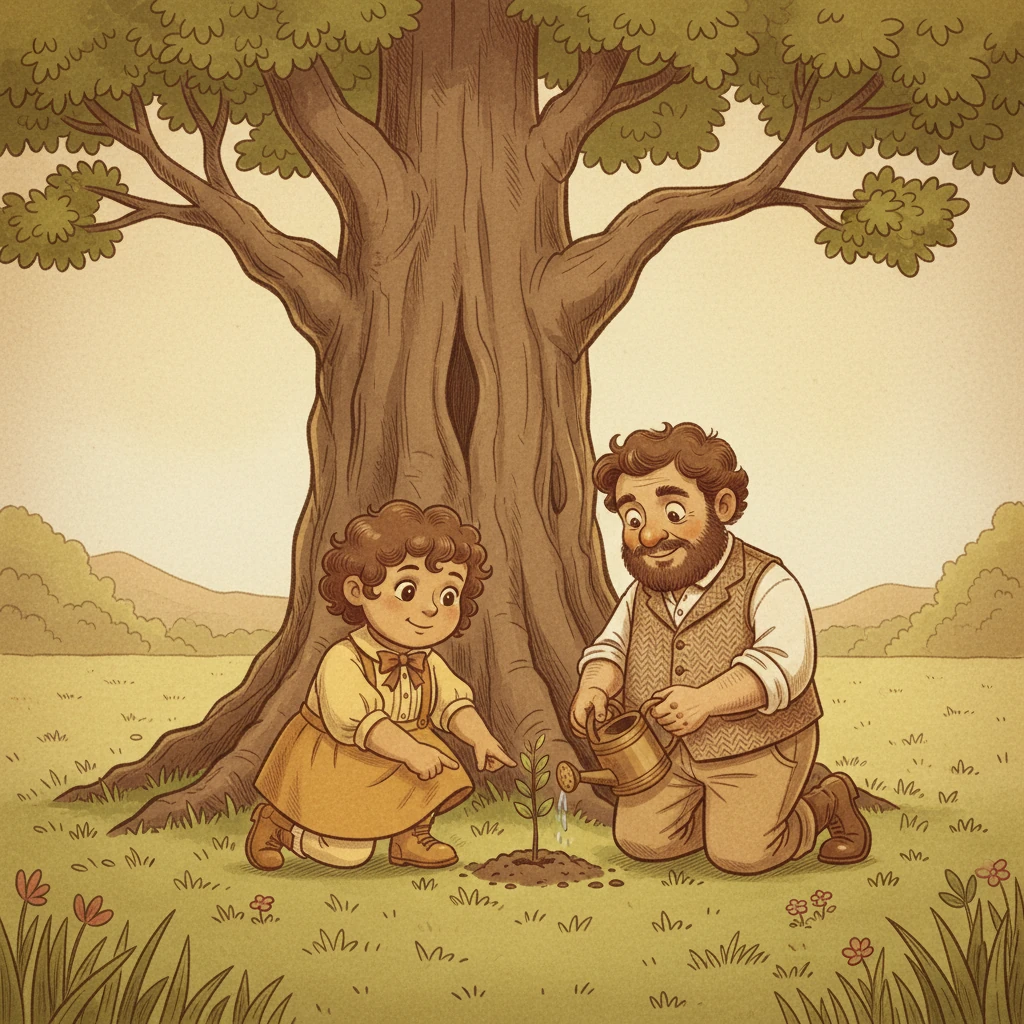 Now three springs had blossomed since their first meeting, and Chotu and Thadi were inseparable, their connection stronger than the oldest roots. Together, they carefully planted a tiny sapling near their favorite oak, a symbol of their enduring love and the beautiful journey they shared. They watered it gently, dreaming of the shade it would one day provide.