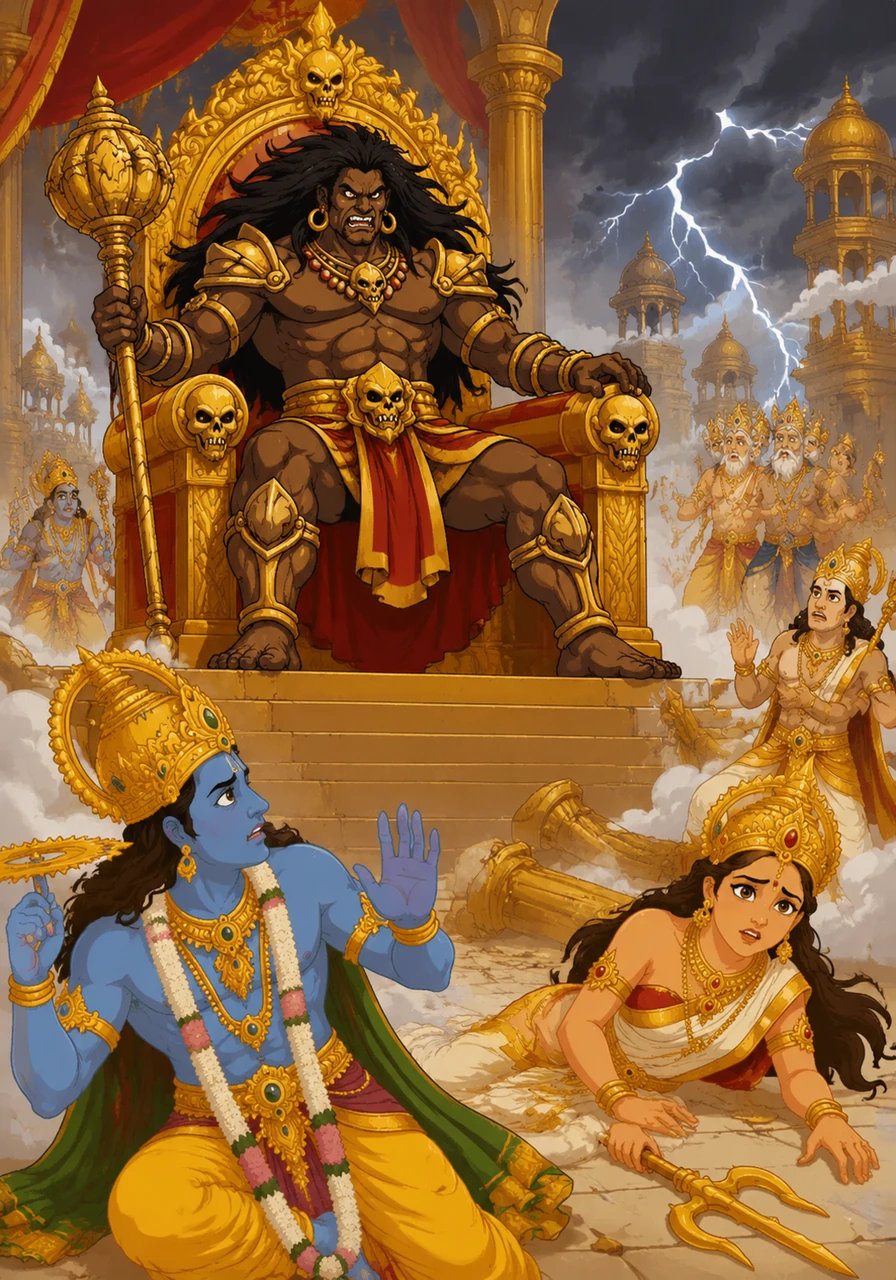 बहुत समय पहले, मुरा नाम का एक अत्यंत शक्तिशाली और क्रूर राक्षस था जिसने अपनी आसुरी शक्तियों से देवताओं को पराजित कर दिया। उसने स्वर्ग पर अपना अधिकार जमा लिया, जिससे सभी देवता भयभीत होकर इधर-उधर भटकने लगे।