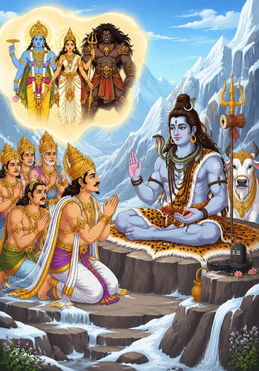 डरे हुए देवता देवराज इंद्र के नेतृत्व में भगवान शिव के पास कैलाश पर्वत पहुँचे और अपनी व्यथा सुनाई। महादेव ने उन्हें शांत किया और सुझाव दिया कि केवल भगवान विष्णु ही इस संकट से उन्हें मुक्ति दिला सकते हैं।