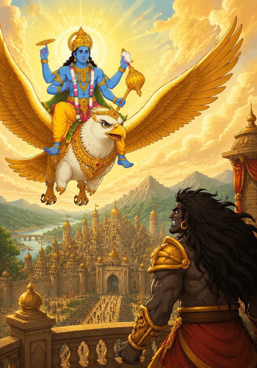 भगवान विष्णु अपने दिव्य वाहन गरुड़ पर सवार होकर मुरा की राजधानी चंद्रावती की ओर प्रस्थान कर गए। उनके हाथों में सुदर्शन चक्र, गदा और शंख सुशोभित थे, और उनका तेज दसों दिशाओं में फैल रहा था।